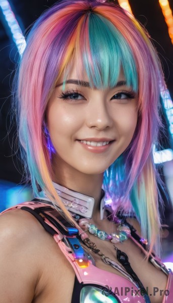 1girl,solo,breasts,looking at viewer,smile,short hair,bangs,blue eyes,blonde hair,cleavage,bare shoulders,jewelry,medium breasts,blue hair,upper body,pink hair,multicolored hair,teeth,necklace,grin,black eyes,two-tone hair,lips,aqua hair,gradient hair,makeup,eyeshadow,science fiction,realistic,rainbow hair,long hair,earrings,portrait