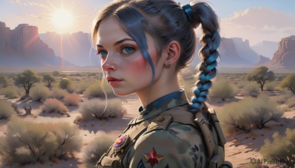 1girl,solo,long hair,looking at viewer,blush,blue eyes,jewelry,blue hair,upper body,ponytail,braid,multicolored hair,earrings,outdoors,parted lips,sky,day,cloud,armor,uniform,from side,two-tone hair,tree,lips,military,single braid,military uniform,gradient hair,sunlight,grass,portrait,backlighting,freckles,sunset,braided ponytail,mountain,nose,hair tie,sun,stud earrings,dirty,soldier,sunrise,bangs,black hair,jacket,artist name,eyelashes,nature,scenery,realistic,landscape,mountainous horizon