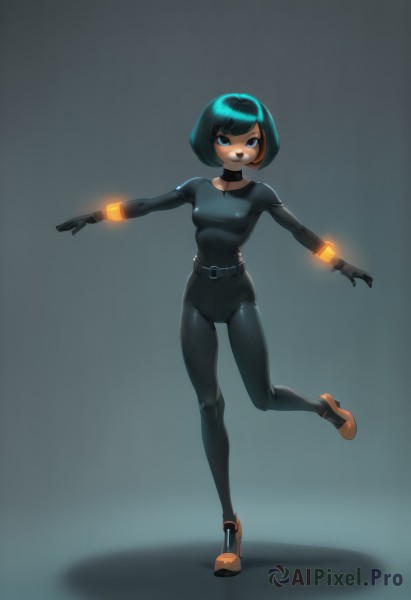 1girl,solo,breasts,looking at viewer,smile,short hair,bangs,blue eyes,black hair,gloves,medium breasts,standing,full body,multicolored hair,small breasts,green hair,shoes,choker,black gloves,belt,dark skin,dark-skinned female,bodysuit,makeup,glowing,black choker,bob cut,standing on one leg,outstretched arms,lipstick,skin tight,spread arms,black bodysuit,black lips,covered nipples,aqua hair,swept bangs,science fiction,latex