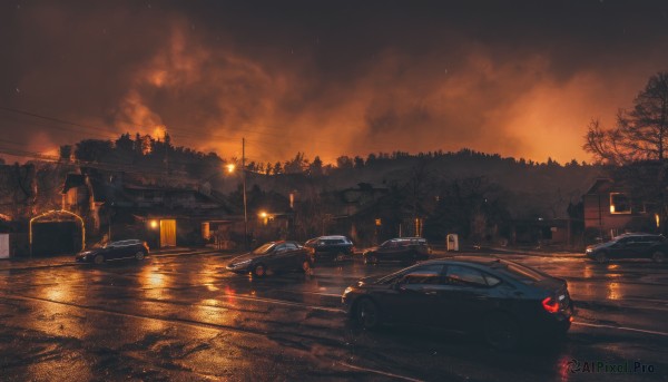 outdoors,sky,cloud,tree,no humans,night,ground vehicle,building,scenery,motor vehicle,smoke,reflection,sunset,city,car,road,cityscape,vehicle focus,lamppost,street,skyscraper,sports car,signature,water,fire,star (sky),night sky,dark,power lines,bare tree,utility pole,evening,embers,dusk,burning