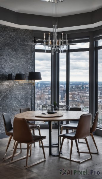 sky,day,cloud,indoors,cup,blue sky,no humans,window,ocean,chair,table,cloudy sky,plant,curtains,building,scenery,drinking glass,city,horizon,potted plant,lamp,cityscape,wine glass,skyscraper,candlestand,ceiling light,chandelier,skyline,wooden floor,candle