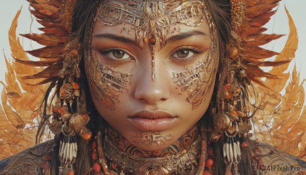 1girl,solo,long hair,looking at viewer,simple background,brown hair,black hair,hair ornament,brown eyes,jewelry,closed mouth,necklace,lips,eyelashes,tattoo,headgear,feathers,portrait,close-up,beads,realistic,nose,headdress,feather hair ornament,straight-on,gold,earrings,makeup,headband,gem,circlet