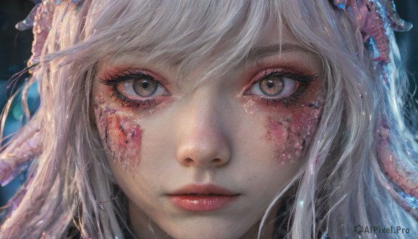 1girl,solo,long hair,looking at viewer,bangs,hair ornament,brown eyes,closed mouth,white hair,blurry,lips,eyelashes,makeup,monster girl,portrait,close-up,eyeshadow,freckles,realistic,nose,red lips,scales,eye focus,straight-on