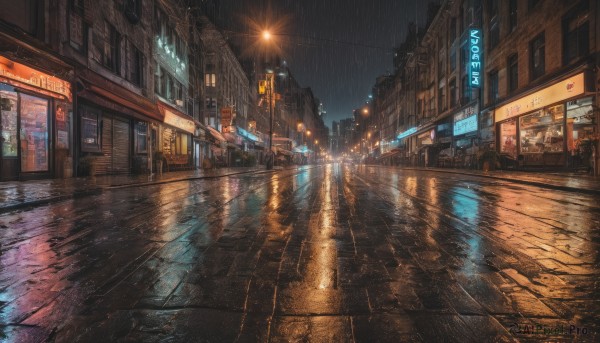 outdoors, sky, no humans, night, building, scenery, reflection, rain, city, sign, light, road, cityscape, power lines, lamppost, street, puddle, city lights, pavement