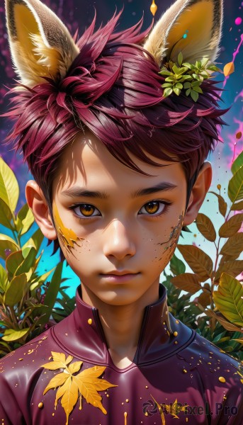 solo,looking at viewer,short hair,bangs,brown hair,shirt,hair ornament,1boy,animal ears,brown eyes,closed mouth,upper body,pink hair,flower,male focus,hair flower,lips,fox ears,eyelashes,leaf,facial mark,thick eyebrows,plant,portrait,extra ears,androgynous,freckles,nose,paint splatter,shiny,artist name,signature,scar,sunlight,purple shirt,shade,male child,leaf hair ornament,dappled sunlight,dirty,sanpaku