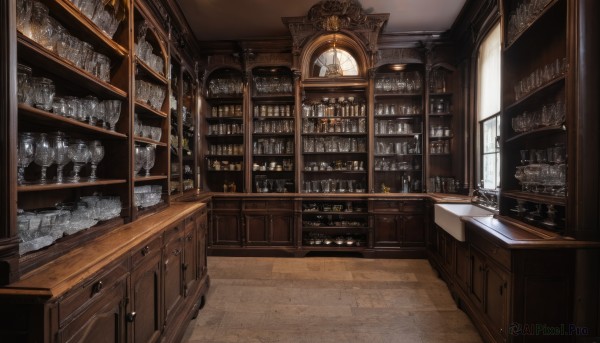 day,indoors,cup,book,no humans,window,chair,table,sunlight,bottle,box,scenery,alcohol,wooden floor,door,clock,bookshelf,lamp,shelf,bar (place),counter,cabinet,light rays,stairs,candle,jar,candlestand,chandelier