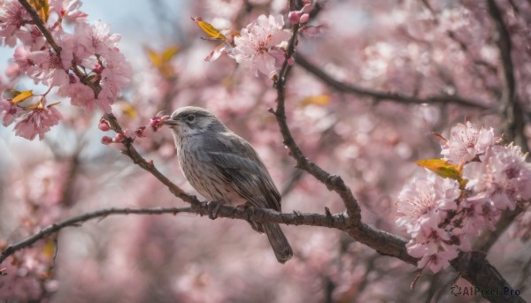 flower, outdoors, day, blurry, tree, no humans, depth of field, blurry background, bird, animal, cherry blossoms, realistic, branch, animal focus, spring (season)