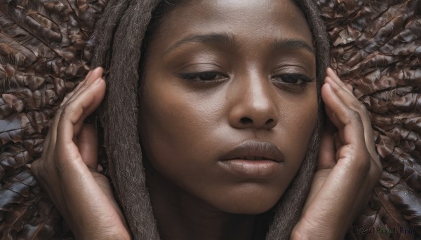 solo,looking at viewer,1boy,closed mouth,male focus,parted lips,hood,black eyes,lips,fingernails,hands up,portrait,close-up,hood up,realistic,black hair,lying,facial hair,half-closed eyes,mustache