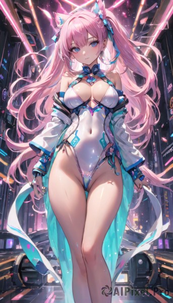 1girl,solo,long hair,breasts,looking at viewer,blush,bangs,blue eyes,large breasts,hair ornament,gloves,long sleeves,cleavage,bare shoulders,twintails,jewelry,medium breasts,very long hair,closed mouth,standing,pink hair,thighs,earrings,detached sleeves,open clothes,shiny,fingerless gloves,off shoulder,nail polish,leotard,groin,legs,clothing cutout,bare legs,covered navel,feet out of frame,headgear,highleg,thigh gap,skin tight,highleg leotard,white leotard,animal ears,jacket,outdoors,parted lips,cat ears,animal ear fluff,halo,neon lights