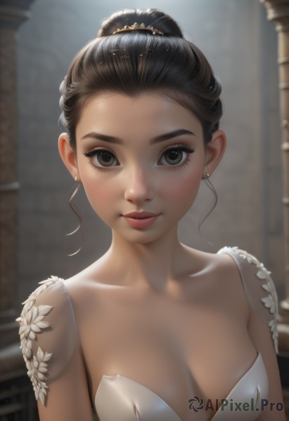 1girl,solo,breasts,looking at viewer,smile,brown hair,black hair,dress,cleavage,brown eyes,jewelry,medium breasts,closed mouth,collarbone,upper body,earrings,small breasts,hair bun,white dress,blurry,black eyes,lips,eyelashes,makeup,blurry background,single hair bun,freckles,realistic,long hair,hair ornament,shiny,artist name,covered nipples,depth of field,nose,hair pulled back