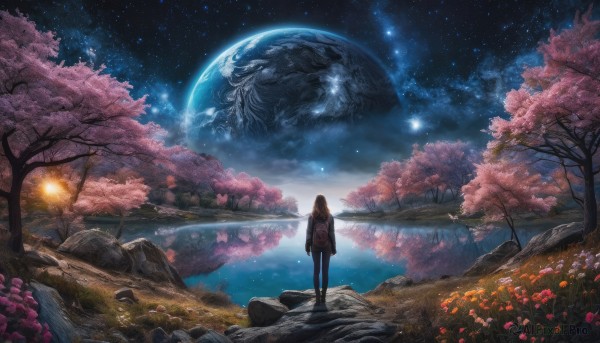 1girl, solo, long hair, skirt, long sleeves, standing, flower, pantyhose, outdoors, sky, cloud, water, bag, from behind, tree, night, moon, backpack, grass, cherry blossoms, star (sky), night sky, scenery, pink flower, starry sky, reflection, rock, facing away, space, planet