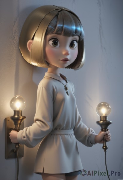 1girl,solo,short hair,bangs,blonde hair,brown hair,black hair,long sleeves,dress,holding,brown eyes,jewelry,standing,multicolored hair,cowboy shot,parted lips,shorts,shiny,artist name,indoors,signature,blunt bangs,necklace,white dress,lips,short dress,bob cut,cross,child,collared dress,female child,light bulb,blush,closed mouth,realistic,nose,light,flashlight