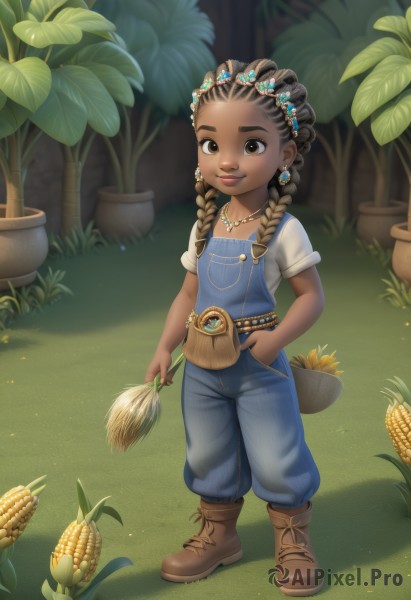 1girl,solo,long hair,looking at viewer,smile,brown hair,shirt,black hair,holding,brown eyes,jewelry,closed mouth,standing,full body,white shirt,braid,flower,short sleeves,earrings,boots,outdoors,day,artist name,dark skin,necklace,twin braids,dark-skinned female,lips,shadow,brown footwear,grass,plant,child,hand in pocket,yellow flower,basket,female child,potted plant,overalls,very dark skin,multi-tied hair,dreadlocks,watering can,wheat,hair ornament,twintails,belt,flat chest,leaf,watermark,denim,light particles,cross-laced footwear,pocket,holding flower,flower pot,corn