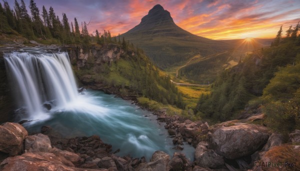 A stunning waterfall captured in sunset outdoors