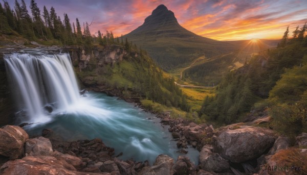 outdoors, sky, cloud, water, tree, no humans, nature, scenery, forest, sunset, rock, mountain, river, waterfall, landscape, cliff