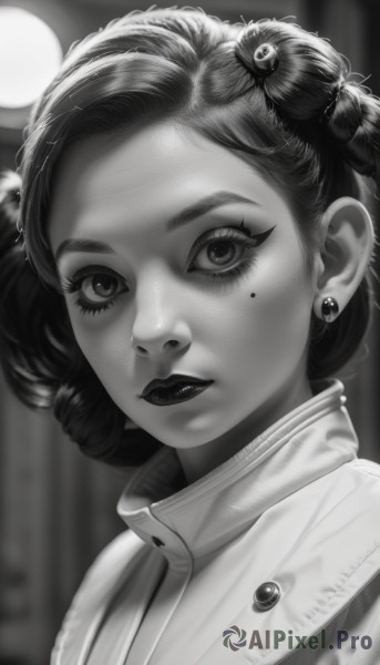 1girl,solo,looking at viewer,short hair,hair ornament,jewelry,closed mouth,monochrome,upper body,greyscale,earrings,hair bun,mole,blurry,lips,eyelashes,mole under eye,makeup,buttons,blurry background,lipstick,portrait,curly hair,realistic,nose,stud earrings,extra eyes,eye focus,mole on cheek,bangs,artist name,piercing,moon,eyeshadow,mascara