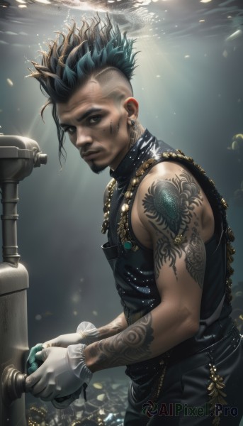 solo,looking at viewer,short hair,shirt,black hair,gloves,1boy,bare shoulders,brown eyes,jewelry,closed mouth,male focus,cowboy shot,earrings,sleeveless,belt,pants,artist name,white gloves,dark skin,necklace,mole,from side,black shirt,sleeveless shirt,tattoo,facial hair,watermark,black pants,piercing,dark-skinned male,ring,ear piercing,beard,bubble,underwater,arm tattoo,leather,shoulder tattoo,undercut,facial tattoo,blue hair,vest,mohawk,nose piercing