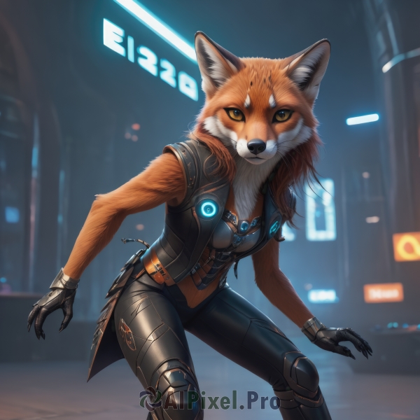 1girl,solo,long hair,breasts,looking at viewer,brown hair,gloves,animal ears,cleavage,brown eyes,medium breasts,standing,jacket,tail,yellow eyes,outdoors,pants,artist name,armor,blurry,vest,orange eyes,bodysuit,leaning forward,night,blurry background,facial mark,black pants,claws,furry,colored sclera,science fiction,city,furry female,body fur,brown fur,city lights,cyberpunk,neon lights,orange fur,black gloves,no humans,fox,snout