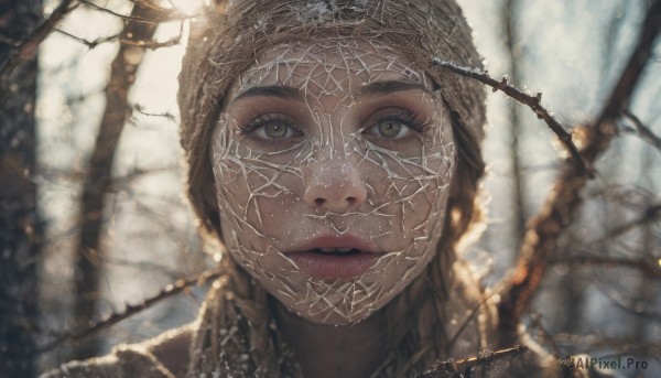 1girl,solo,looking at viewer,brown hair,hat,brown eyes,closed mouth,braid,outdoors,parted lips,blurry,tree,lips,eyelashes,depth of field,blurry background,portrait,snow,close-up,realistic,nose,beanie,winter,bare tree,green eyes,yellow eyes,hood,hood up,freckles,barbed wire