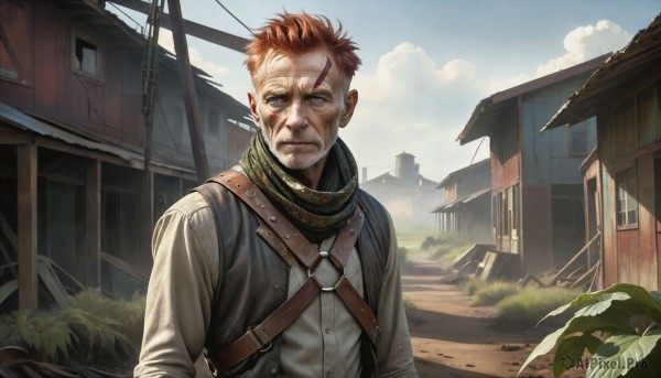 HQ,solo,looking at viewer,short hair,blue eyes,brown hair,shirt,long sleeves,1boy,closed mouth,white shirt,upper body,male focus,red hair,outdoors,sky,day,cloud,scarf,vest,blue sky,window,blood,facial hair,scar,cloudy sky,plant,building,beard,scar on face,injury,blood on face,realistic,house,old,green scarf,orange hair,scenery