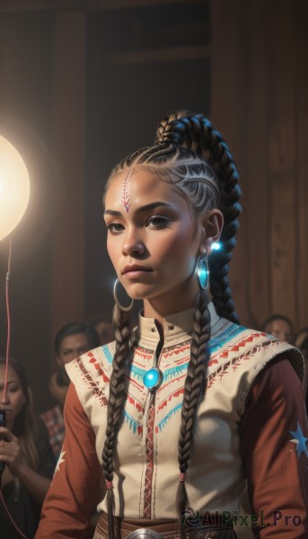 1girl,long hair,looking at viewer,multiple girls,brown hair,black hair,long sleeves,2girls,brown eyes,jewelry,closed mouth,upper body,braid,earrings,solo focus,belt,indoors,dark skin,necklace,blurry,black eyes,twin braids,dark-skinned female,lips,makeup,blurry background,glowing,facial mark,forehead,freckles,hoop earrings,forehead mark,realistic,nose,very dark skin,multiple braids,solo,shirt,holding,vest,gem,forehead jewel