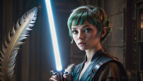 1girl,solo,looking at viewer,short hair,blue eyes,holding,jewelry,upper body,weapon,hairband,earrings,green hair,sword,armor,blurry,lips,feathers,realistic,nose,glowing weapon,energy sword,glowing sword,lightsaber,holding weapon,holding sword,freckles,science fiction