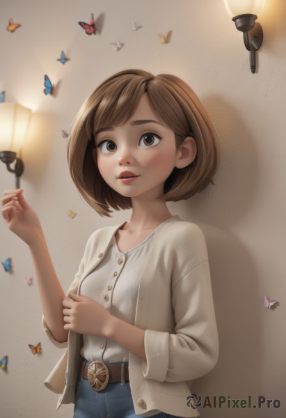 1girl,solo,breasts,looking at viewer,blush,short hair,open mouth,bangs,brown hair,shirt,long sleeves,holding,brown eyes,standing,collarbone,jacket,white shirt,parted lips,open clothes,teeth,belt,pants,lips,buttons,shadow,bob cut,cardigan,bug,denim,butterfly,buckle,freckles,jeans,belt buckle,brown belt,lamp,blue butterfly,light bulb,upper body,casual,realistic,nose