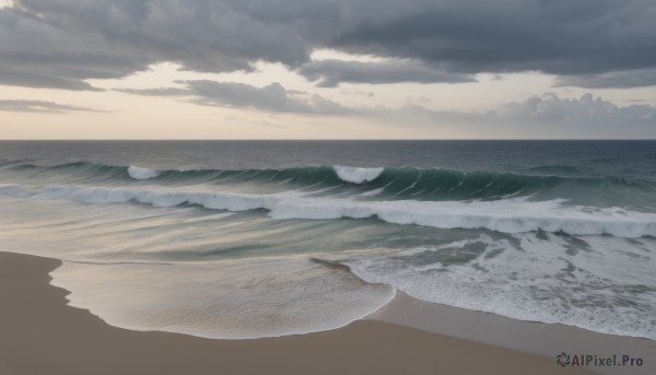 outdoors,sky,cloud,water,no humans,ocean,beach,cloudy sky,scenery,sand,horizon,waves,shore,grey sky,monochrome,day