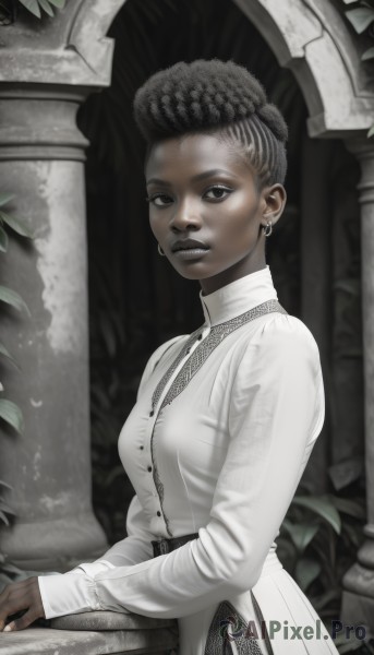 1girl,solo,breasts,looking at viewer,short hair,black hair,long sleeves,dress,jewelry,monochrome,earrings,dark skin,white dress,black eyes,dark-skinned female,lips,makeup,freckles,realistic,nose,pillar,statue,very dark skin,column,skirt,closed mouth,upper body,greyscale,necklace,hair bun,from side,piercing,undercut,dreadlocks