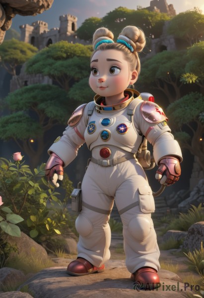 1girl,solo,blush,smile,short hair,brown hair,brown eyes,closed mouth,standing,full body,flower,outdoors,bag,hair bun,armor,tree,lips,double bun,grass,plant,building,child,nature,rock,female child,ruins,spacesuit,hair ornament,gloves,fingerless gloves,single hair bun,pouch,astronaut