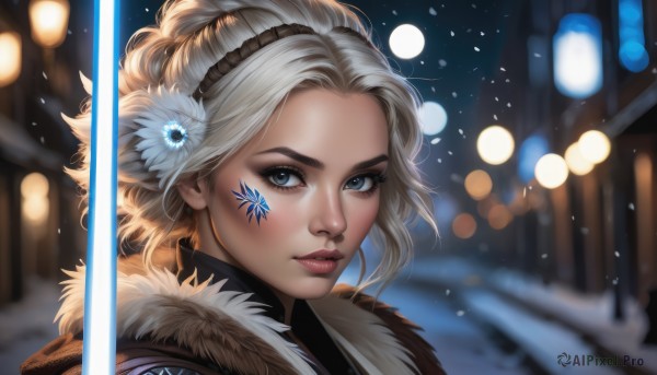 1girl,solo,looking at viewer,short hair,blue eyes,blonde hair,hair ornament,closed mouth,flower,white hair,hairband,sword,artist name,hair flower,blurry,lips,fur trim,eyelashes,makeup,depth of field,blurry background,facial mark,lipstick,portrait,snow,freckles,snowing,realistic,nose,winter,bokeh,energy sword,mascara,lightsaber,outdoors,parted lips,tattoo,close-up,eyeshadow,red lips,eyeliner,facial tattoo