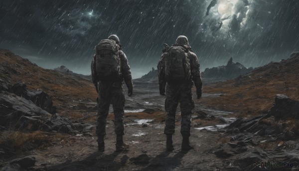 1boy,standing,male focus,boots,outdoors,multiple boys,sky,cloud,2boys,bag,from behind,armor,military,night,moon,backpack,helmet,cloudy sky,star (sky),night sky,scenery,starry sky,science fiction,rain,rock,realistic,ambiguous gender,spacecraft,spacesuit,weapon,uniform,gun,rifle,assault rifle,soldier