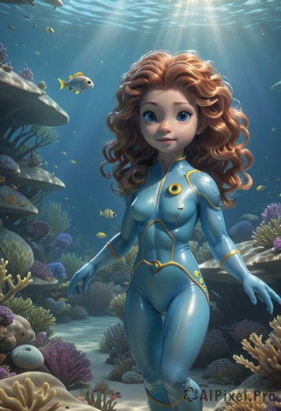 1girl,solo,long hair,breasts,looking at viewer,smile,blue eyes,brown hair,medium breasts,small breasts,water,covered nipples,lips,bodysuit,cameltoe,ocean,wavy hair,sunlight,skin tight,freckles,fish,bubble,curly hair,light rays,rock,underwater,air bubble,sunbeam,shell,blue bodysuit,starfish,turtle,coral,wetsuit,seaweed,clownfish,watermark,aquarium