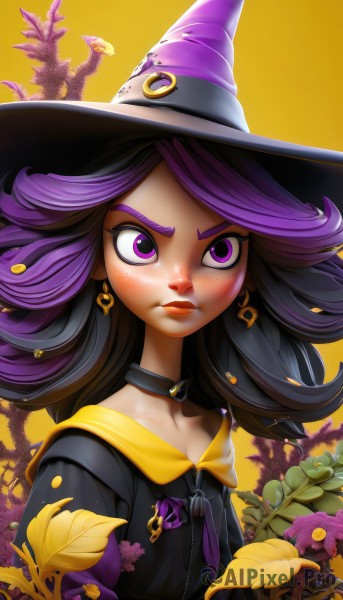 1girl,solo,long hair,looking at viewer,black hair,hat,jewelry,closed mouth,purple eyes,collarbone,upper body,purple hair,flower,heart,earrings,choker,artist name,medium hair,collar,lips,eyelashes,makeup,witch hat,frown,leaf,black choker,thick eyebrows,plant,crescent,yellow background,zipper,freckles,nose,purple flower,witch,crescent earrings,gold earrings,lipstick,orange background