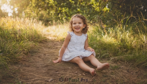 1girl,solo,looking at viewer,smile,open mouth,brown hair,dress,brown eyes,sitting,underwear,panties,full body,outdoors,barefoot,teeth,sleeveless,day,white dress,white panties,feet,loli,sleeveless dress,soles,grass,child,realistic,female child,on ground,dirty,dirty clothes,dirty feet,short hair,:d,pantyshot,photo background