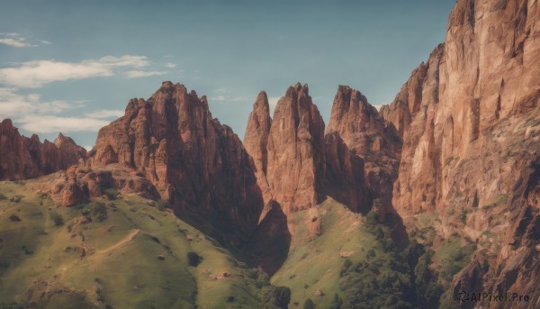 outdoors,sky,day,cloud,blue sky,no humans,grass,nature,scenery,rock,mountain,landscape,cliff,cloudy sky