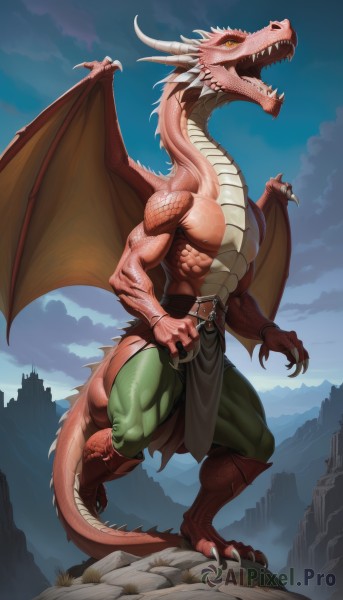 solo,open mouth,1boy,standing,tail,full body,yellow eyes,male focus,outdoors,wings,horns,sky,teeth,day,cloud,blue sky,no humans,muscular,colored skin,fangs,abs,cloudy sky,sharp teeth,claws,dragon horns,dragon girl,rock,mountain,dragon,dragon tail,scales,loincloth,dragon wings,digitigrade,boots,belt,monster,fantasy