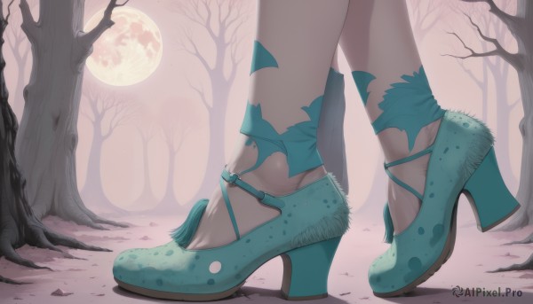 1girl,solo,standing,outdoors,shoes,high heels,feet,tree,legs,toes,night,shadow,moon,close-up,full moon,out of frame,toenails,foot focus,lower body,strappy heels,heel up,aqua footwear,pantyhose,blue footwear,print legwear,tiptoes,green footwear,bare tree