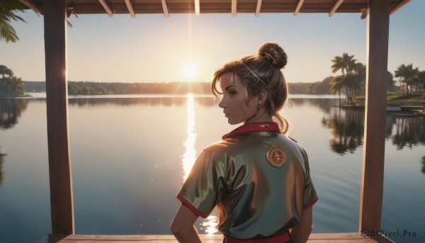 1girl,solo,looking at viewer,smile,short hair,brown hair,shirt,black hair,brown eyes,jewelry,upper body,short sleeves,earrings,outdoors,parted lips,sky,looking back,water,hair bun,from behind,tree,lips,crop top,profile,piercing,sunlight,single hair bun,backlighting,reflection,sunset,palm tree,sun,print shirt,lake,closed mouth,day,scenery,mountain,nose,hair behind ear,river,sunrise