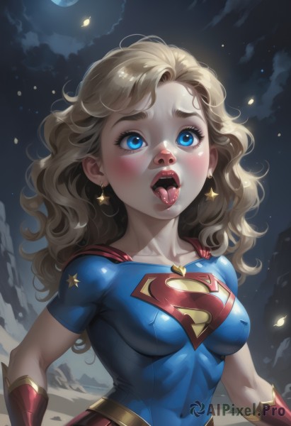 1girl,solo,long hair,breasts,blush,open mouth,blue eyes,blonde hair,jewelry,medium breasts,collarbone,upper body,earrings,outdoors,sky,teeth,tongue,cloud,tongue out,star (symbol),lips,eyelashes,bodysuit,covered navel,makeup,night,wavy hair,piercing,moon,looking up,star (sky),night sky,skin tight,full moon,superhero,oral invitation,uvula,short sleeves,cape,upper teeth only,toned