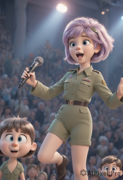 1girl,smile,short hair,open mouth,bangs,blue eyes,multiple girls,brown hair,shirt,long sleeves,holding,2girls,standing,pink hair,purple hair,:d,hairband,boots,multiple boys,shorts,teeth,solo focus,collared shirt,belt,indoors,signature,blurry,uniform,military,military uniform,buttons,depth of field,blurry background,upper teeth only,brown footwear,standing on one leg,child,microphone,6+boys,pocket,green shirt,music,female child,breast pocket,male child,holding microphone,singing,green shorts,crowd,stage,world war ii,spotlight,stage lights,people,6+others,combat boots,concert,army,hair ornament,1boy,jacket,shoes,lips,goggles,epaulettes,realistic,soldier,lights,audience