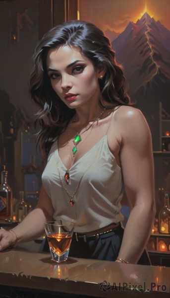 1girl,solo,long hair,breasts,looking at viewer,shirt,black hair,cleavage,bare shoulders,jewelry,medium breasts,collarbone,earrings,parted lips,sleeveless,belt,pants,indoors,necklace,black eyes,bracelet,cup,lips,makeup,table,tank top,lipstick,pendant,alcohol,drinking glass,freckles,nose,drink,red lips,glass,brown eyes,signature,mole,bottle,bar (place)