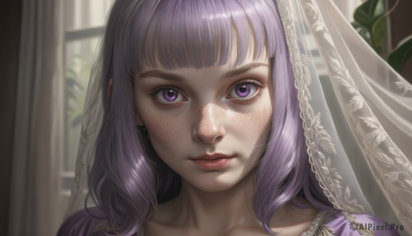 1girl,solo,long hair,looking at viewer,bangs,closed mouth,purple eyes,collarbone,purple hair,shiny,indoors,blunt bangs,blurry,shiny hair,lips,eyelashes,window,depth of field,blurry background,plant,curtains,portrait,veil,close-up,freckles,realistic,nose,artist name,makeup