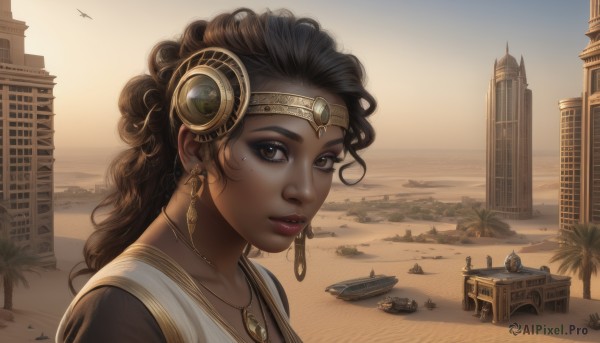 1girl,solo,long hair,looking at viewer,brown hair,black hair,brown eyes,jewelry,upper body,earrings,outdoors,parted lips,sky,solo focus,day,dark skin,necklace,mole,dark-skinned female,tree,lips,eyelashes,headband,bird,beach,building,portrait,freckles,science fiction,curly hair,hoop earrings,city,realistic,aircraft,nose,sand,palm tree,watercraft,ship,very dark skin,boat,desert,hair ornament,collarbone,teeth,artist name,water,mole under eye,makeup,ocean,tiara,scenery,sunset,headdress,tower,statue,egyptian