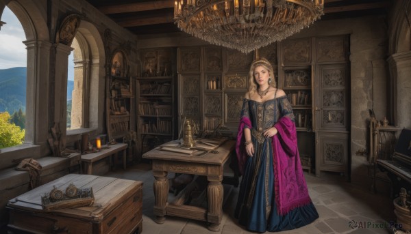 1girl,solo,long hair,looking at viewer,blonde hair,dress,bare shoulders,jewelry,standing,closed eyes,braid,earrings,cloud,indoors,necklace,off shoulder,bracelet,book,window,blue dress,chair,table,plant,scenery,shawl,wooden floor,stairs,off-shoulder dress,candle,painting (object),carpet,candlestand,rug,cabinet,fireplace,chest of drawers,sky,day,tree,lips,mountain,portrait (object)