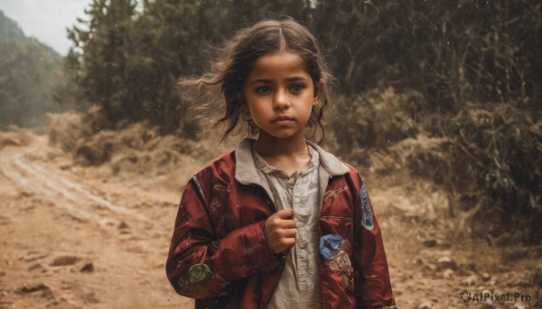 1girl,solo,looking at viewer,short hair,brown hair,shirt,black hair,long sleeves,brown eyes,jewelry,closed mouth,jacket,white shirt,upper body,earrings,outdoors,open clothes,horns,day,blurry,open jacket,tree,lips,depth of field,blurry background,wind,nature,red jacket,realistic,bangs,blue eyes,parted lips,sleeves past wrists,floating hair,messy hair,child,single horn,forest,arm at side,sand,emblem,female child,badge,dirty,dust