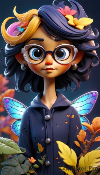 1girl,solo,looking at viewer,smile,short hair,blue eyes,blonde hair,black hair,hair ornament,jewelry,closed mouth,upper body,flower,multicolored hair,earrings,wings,glasses,pointy ears,artist name,hair flower,hood,medium hair,two-tone hair,lips,streaked hair,hoodie,makeup,leaf,watermark,hood down,bug,plant,black-framed eyewear,yellow flower,drawstring,fairy wings,fairy,black hoodie,butterfly wings,blue hair,purple hair,hairclip,eyelashes,messy hair,butterfly,blue wings