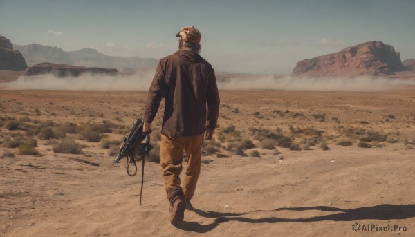 solo,black hair,long sleeves,1boy,hat,holding,standing,jacket,weapon,male focus,boots,outdoors,sky,day,pants,from behind,holding weapon,black jacket,gun,military,shadow,goggles,holding gun,scenery,walking,brown jacket,mountain,sand,brown pants,desert,dust,beach,helmet,rock,sepia,brown theme