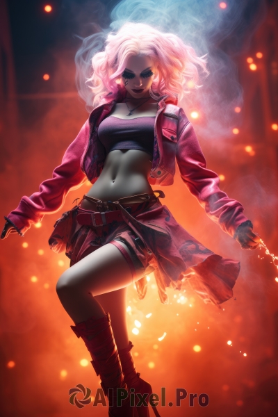 1girl,solo,long hair,breasts,looking at viewer,smile,skirt,gloves,long sleeves,navel,holding,cleavage,jewelry,medium breasts,standing,jacket,weapon,pink hair,white hair,earrings,boots,open clothes,black gloves,midriff,belt,artist name,dark skin,miniskirt,fingerless gloves,black skirt,medium hair,necklace,stomach,black footwear,high heels,open jacket,dark-skinned female,lips,crop top,strapless,makeup,thigh strap,glowing,colored skin,wavy hair,piercing,knee boots,cross,fire,lipstick,red jacket,buckle,smoke,high heel boots,backlighting,cropped jacket,pouch,hoop earrings,belt buckle,tube top,pink jacket,navel piercing,embers,thighhighs,collarbone,full body,multicolored hair,parted lips,nail polish,tattoo,watermark,eyepatch,ear piercing,web address,eyeshadow,realistic,mole above mouth