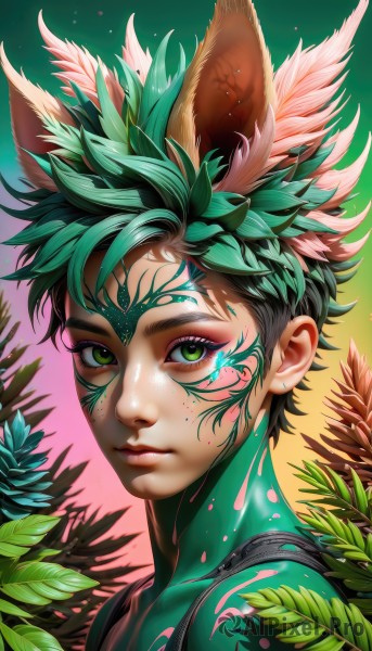 solo,looking at viewer,short hair,1boy,animal ears,closed mouth,green eyes,upper body,male focus,green hair,artist name,lips,gradient,fox ears,gradient background,eyelashes,bodysuit,makeup,leaf,facial mark,plant,portrait,extra ears,eyeshadow,freckles,nose,eyeliner,facepaint,multicolored hair,watermark,pink background,feathers,spiked hair,web address,bodypaint